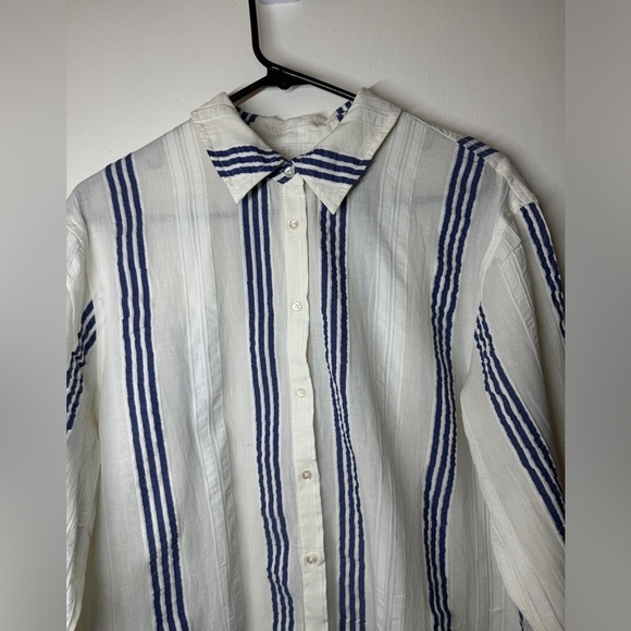 Boden Navy Blue White Striped Textured Longline Button Shirt Tunic Top Size 4 - Picture 2 of 14
